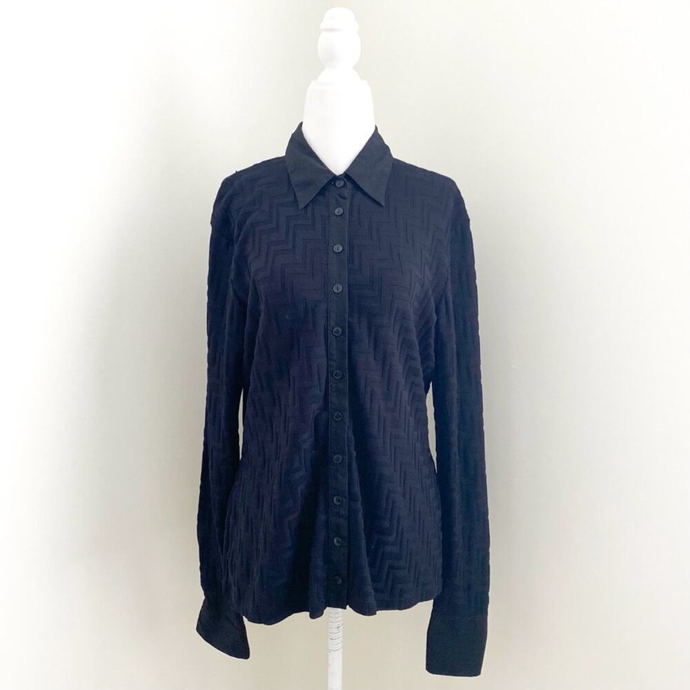 anne fontaine - collared buttondown blouse long-sleeve printed textured black